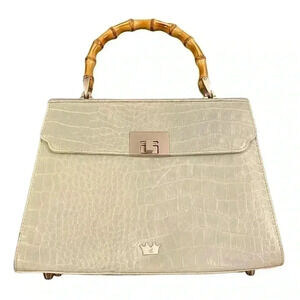 Elaine Turner Black Leather Bamboo Top Handle Lady Bag In Sea Foam Green/Blue